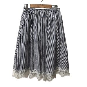 POL  Navy Blue White Striped Lace Hem Cotton Midi Skirt Small Nautical Preppy